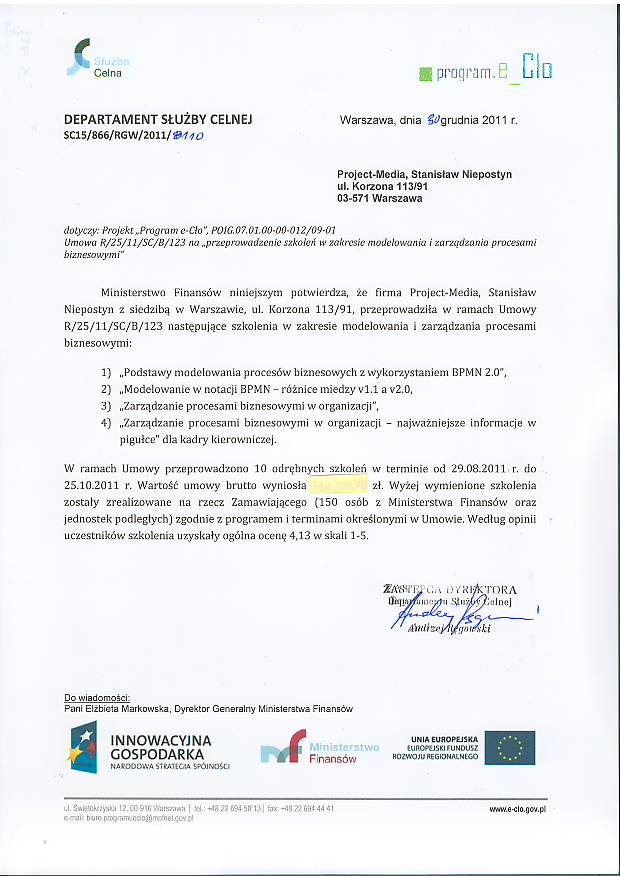 Referencje Ministerstwa Finansów ze szkoleń sierpień-październik 2011 roku